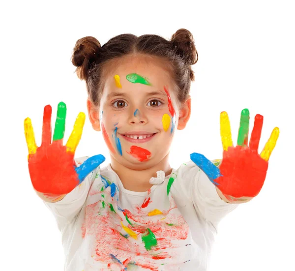 Lustige Mädchen Mit Händen Und Gesicht Mit Farbe Isoliert Auf — Stockfoto
