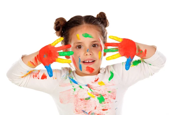 Grappig Meisje Met Handen Gezicht Bedekt Met Verf Geïsoleerd Witte — Stockfoto