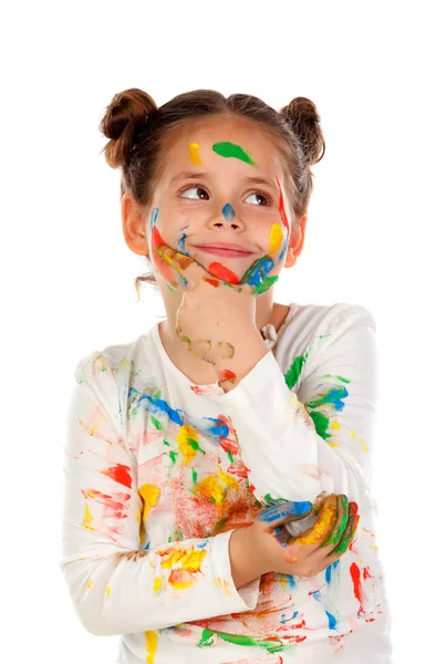 Zabawna Dziewczyna Rąk Twarzy Pokryte Farbą Białym Tle — Zdjęcie stockowe