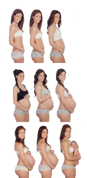 Sequence Young Pregnant Naked Woman Isolated White Background — Stock Photo, Image