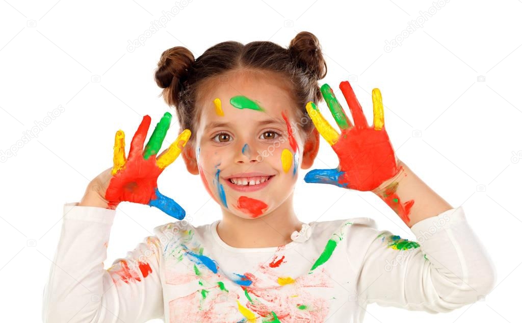 funny girl with hands and face covered with paint isolated on white background