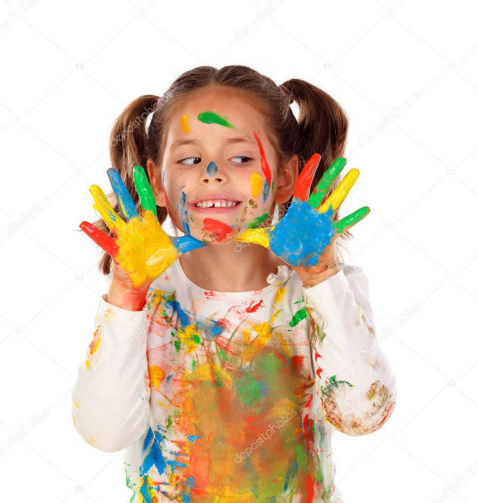 funny girl with hands and face covered with paint isolated on white background