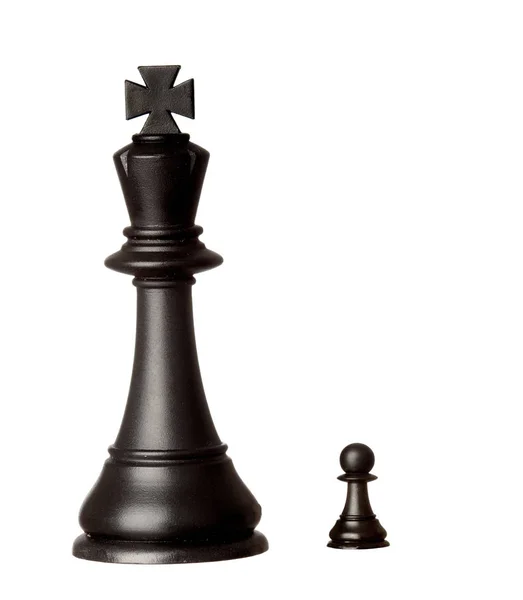 Μεγάλο Μαύρο Βασιλιά Και Βασίλισσα Μικρά Κομμάτια Σκακιού Απομονώνονται Λευκό — Φωτογραφία Αρχείου