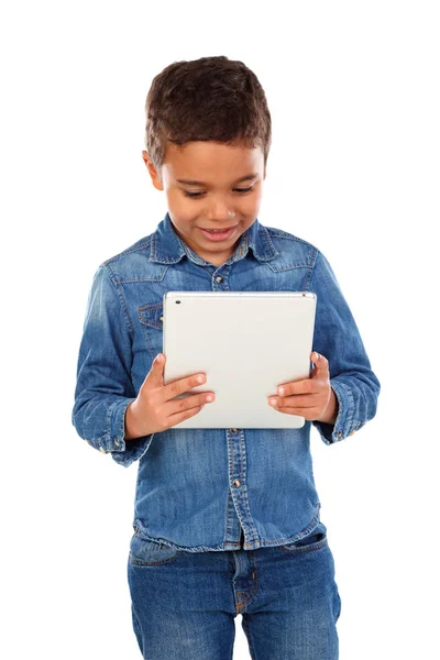 Cute Happy Little African Boy Denim Shirt Tablet Isolated White — Stock Photo, Image