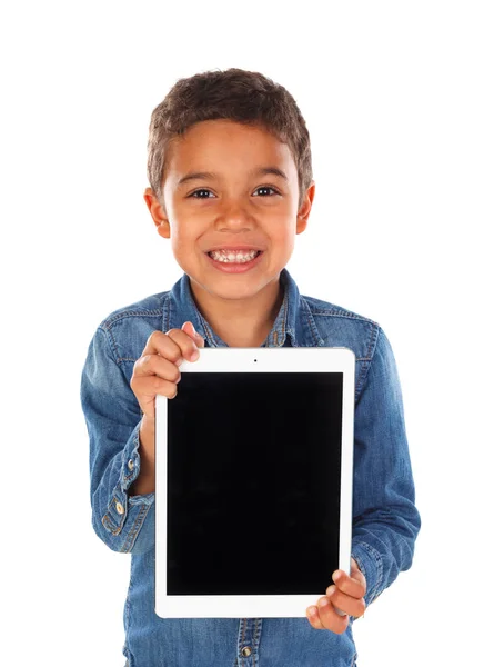 Schattige Gelukkig Weinig Afrikaanse Jongen Denim Overhemd Met Tablet Geïsoleerd — Stockfoto