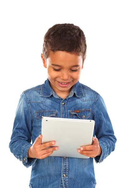 Cute Happy Little African Boy Denim Shirt Tablet Isolated White — Stock Photo, Image