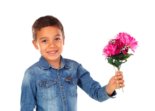 Bonito Menino Africano Feliz Camisa Jeans Com Belo Buquê Flores — Fotografia de Stock