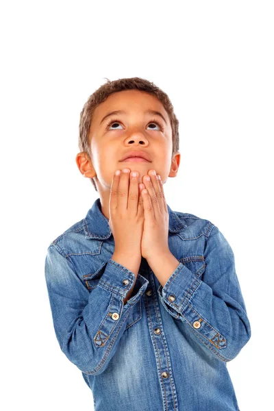 Pensive Little Boy Wearing Denim Shirt Isolated White Background — Stock Photo, Image