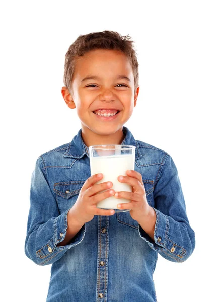 Cute Happy Little African Boy Denim Shirt Holding Glass Milk — Stock Photo, Image
