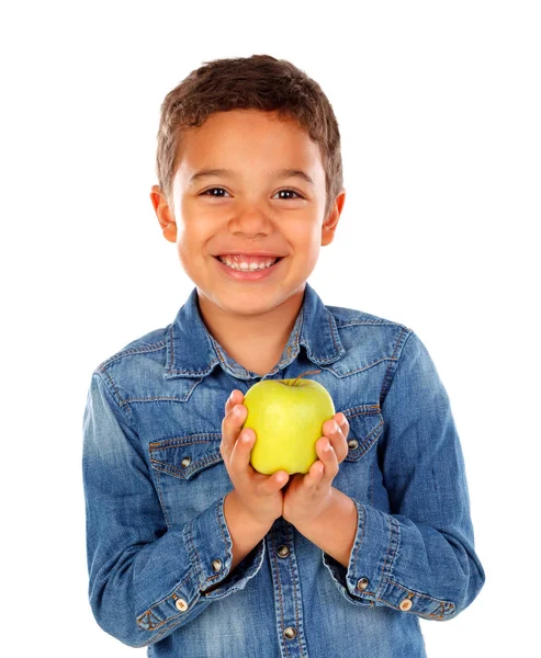 アップルの白い背景の分離を保持しているデニムのシャツかわいい幸せな小さなアフリカ少年 — ストック写真