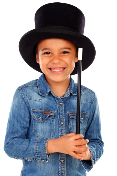 Bonito Menino Africano Fazendo Magia Com Top Chapéu Varinha Mágica — Fotografia de Stock