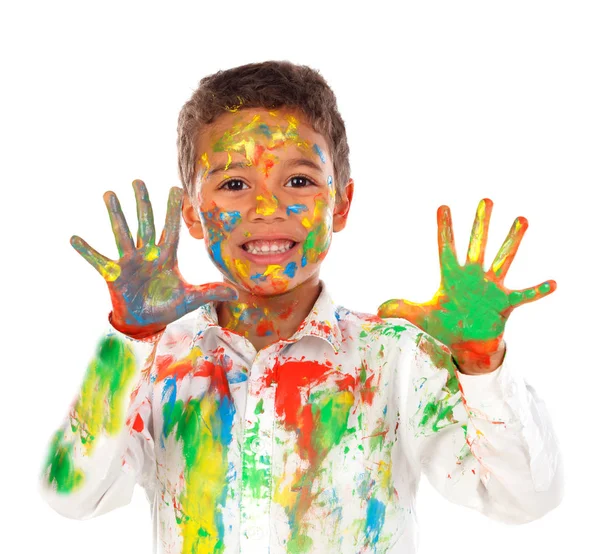 Funny African Boy Face Hands Covered Paint Isolated White Background — Stock Photo, Image