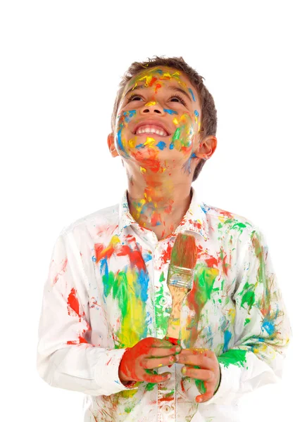 Funny African Boy Face Hands Covered Paint Holding Paint Brush — Stock Photo, Image