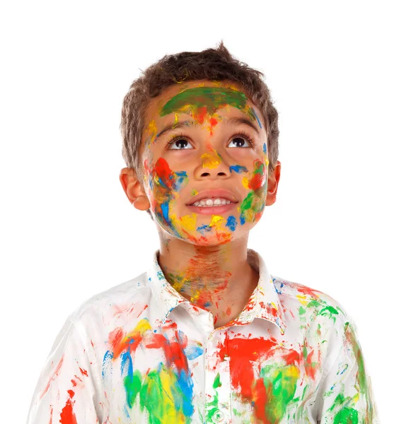 Funny African Boy Face Hands Covered Paint Isolated White Background
