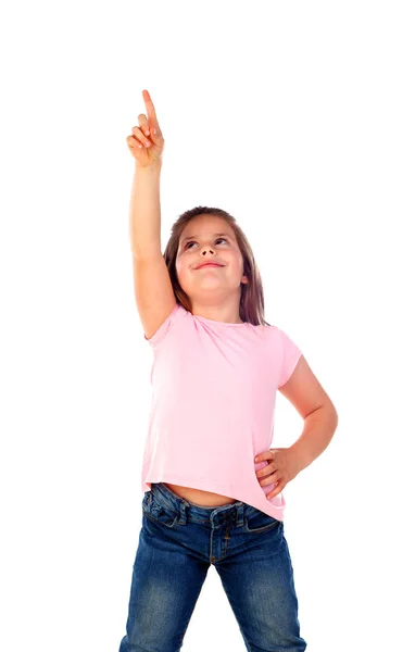 Schattig Meisje Wijzen Met Vinger Geïsoleerd Witte Achtergrond — Stockfoto