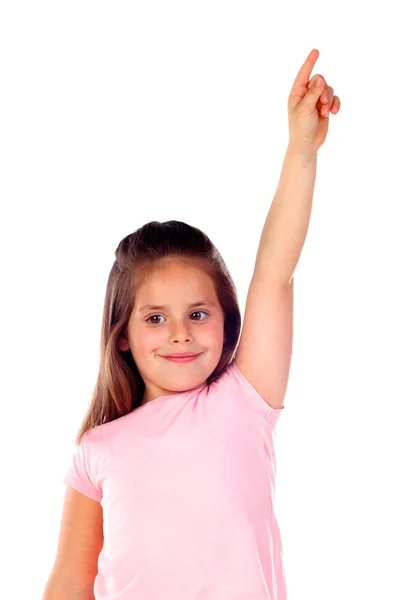 Bonito Menina Apontando Com Dedo Isolado Branco Fundo — Fotografia de Stock