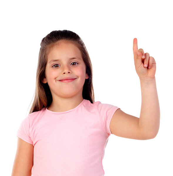 cute girl pointing her finger up isolated white background
