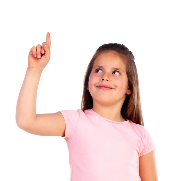 Niedliches Mädchen Zeigt Mit Dem Finger Isoliert Weißen Hintergrund — Stockfoto