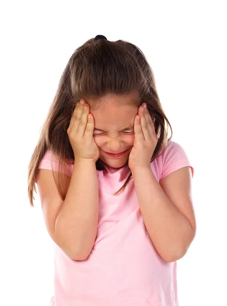 Счастливая Маленькая Девочка Розовой Футболке Головной Болью Изолированы Белом Фоне — стоковое фото