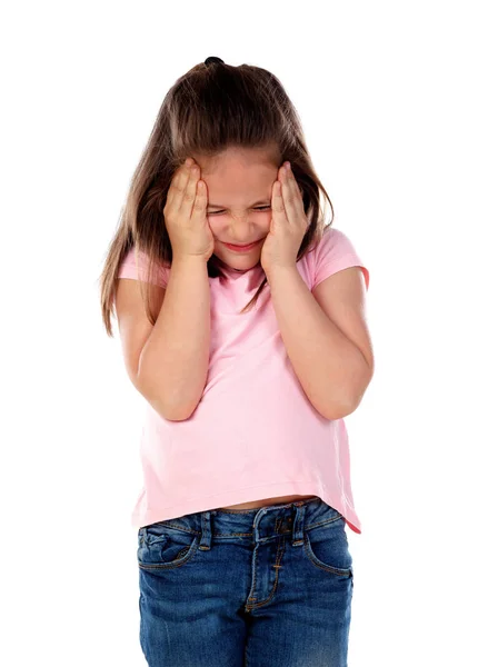 Glückliches Kleines Mädchen Rosa Shirt Mit Kopfschmerzen Isoliert Auf Weißem — Stockfoto
