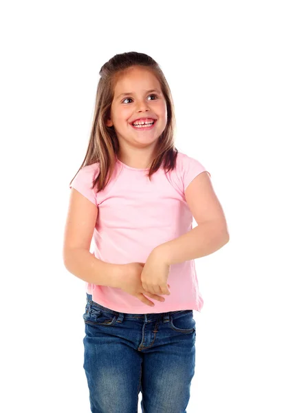 Счастливая Маленькая Девочка Розовой Футболке Позирует Изолирован Белом Фоне — стоковое фото