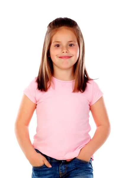 Menina Feliz Rosa Shirt Posando Isolado Fundo Branco — Fotografia de Stock