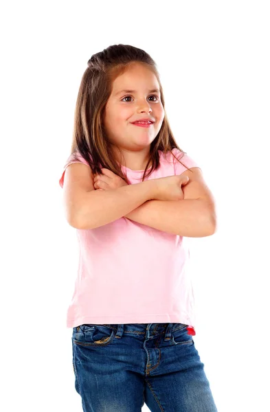 Niña Feliz Camiseta Rosa Posando Con Los Brazos Cruzados Aislados — Foto de Stock