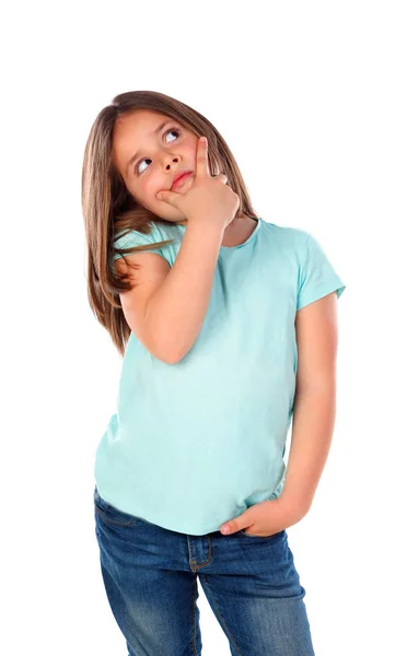 Menina Pequena Pensativo Isolado Fundo Branco — Fotografia de Stock