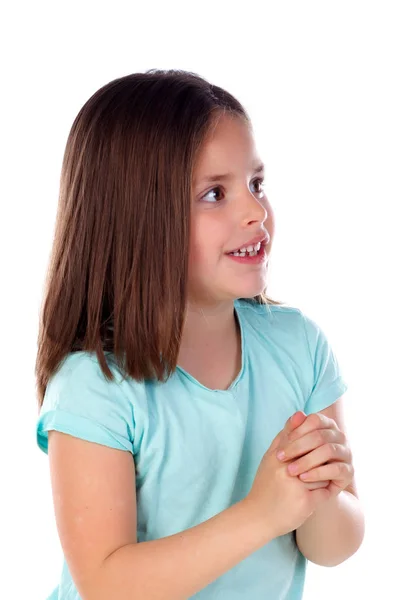 Nadenkend Klein Meisje Geïsoleerd Witte Achtergrond — Stockfoto