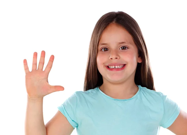 Счастливая Маленькая Девочка Пересчитывает Пальцы Белом Фоне — стоковое фото