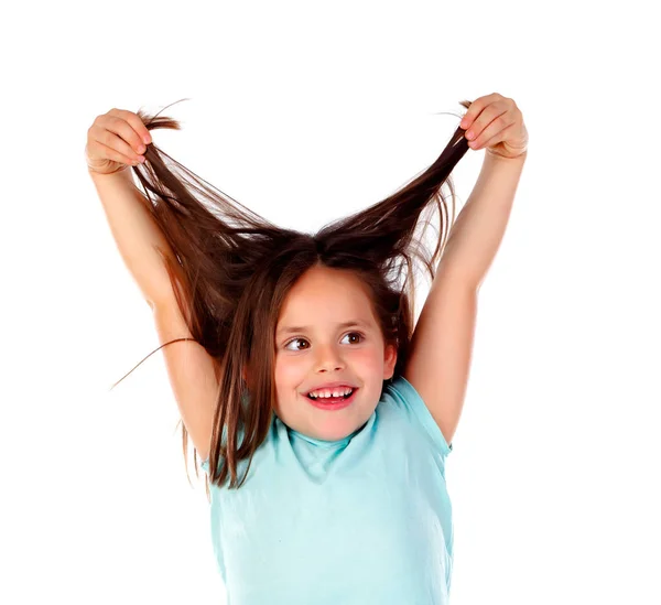 Drôle Petite Fille Montrant Ses Cheveux Isolés Sur Fond Blanc — Photo