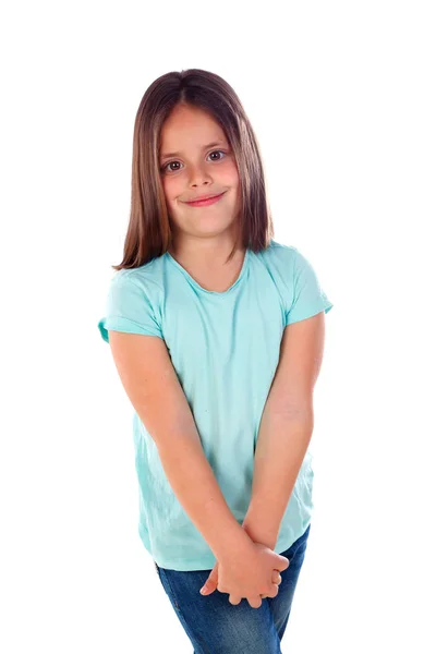 Счастливая Маленькая Девочка Позирует Изолированы Белом Фоне — стоковое фото