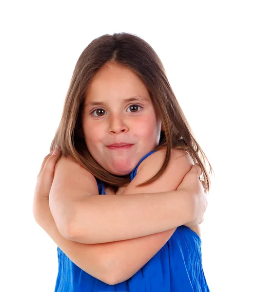 Funny Little Girl Hugging Herself Isolated White Background — Stock Photo, Image