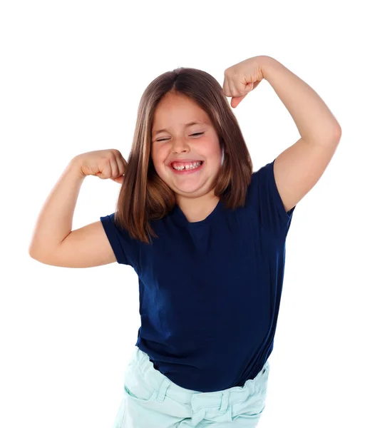 Drôle Fille Montrant Ses Muscles Isolés Sur Fond Blanc — Photo