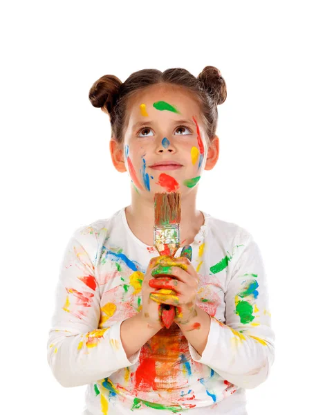 Funny Girl Messy Face Holding Paint Brush Isolated White Background — Stock Photo, Image