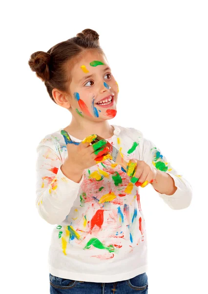 Funny Girl Messy Face Holding Paint Brush Isolated White Background — Stock Photo, Image