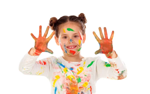 面白い少女の手と顔が白い背景に分離された塗料で覆われて — ストック写真