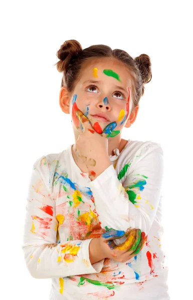 Funny Girl Hands Face Covered Paint Isolated White Background — Stock Photo, Image