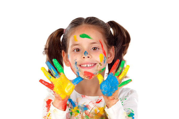 funny girl with hands and face covered with paint isolated on white background