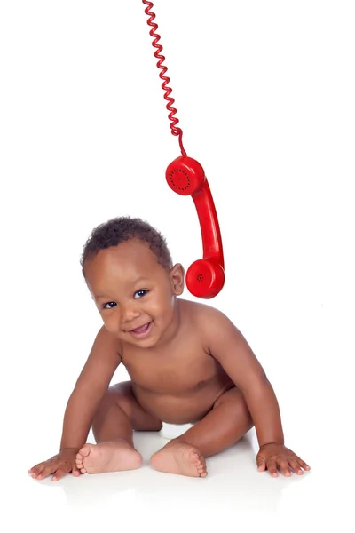 Engraçado Feliz Bebê Africano Com Telefone Vintage Vermelho Isolado Fundo — Fotografia de Stock