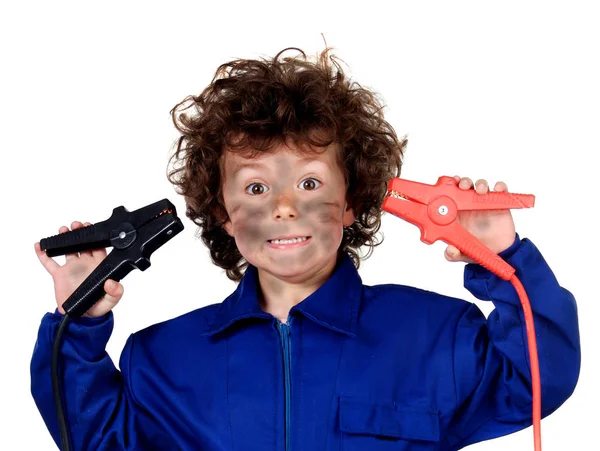 Legrační Malý Chlapec Simulace Elektrickým Proudem — Stock fotografie
