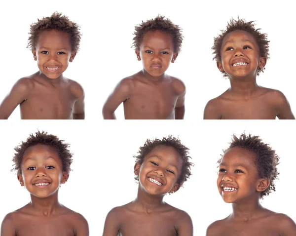 有趣和快乐的非洲男孩孤立的白色背景 拼贴照片 — 图库照片