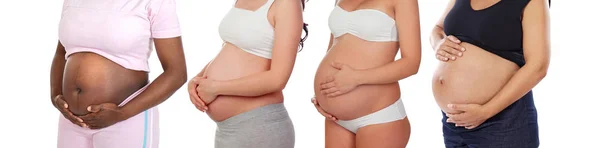 Quatro Mulheres Grávidas Esperando Bebês Fundo Branco — Fotografia de Stock