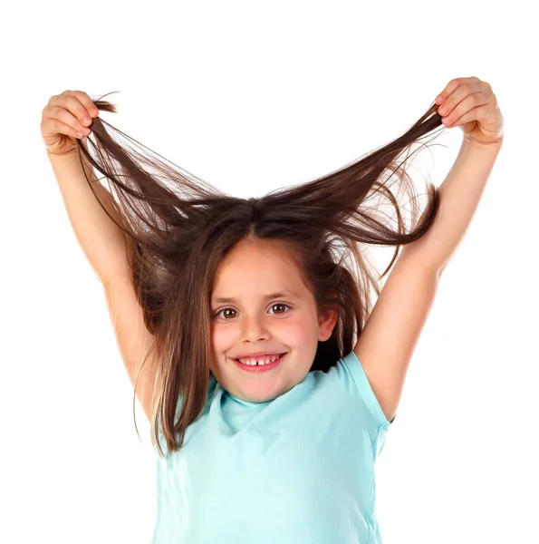Drôle Petite Fille Montrant Ses Cheveux Isolés Sur Fond Blanc Images De Stock Libres De Droits