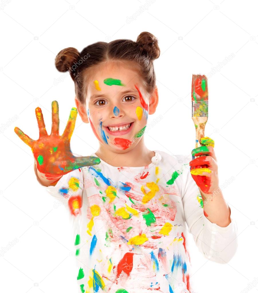 funny girl with messy face holding paint brush  isolated on white background