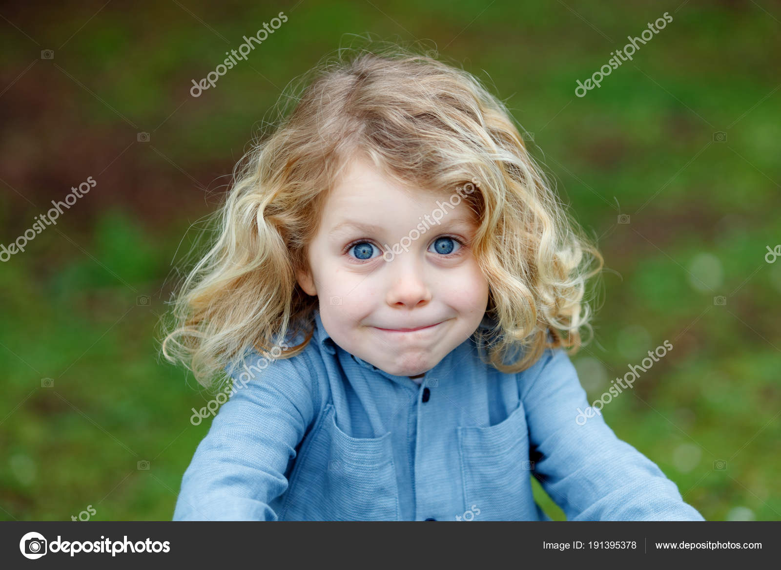 Amazed Little Boy Long Blond Hair Enjoying Nature Stock Photo