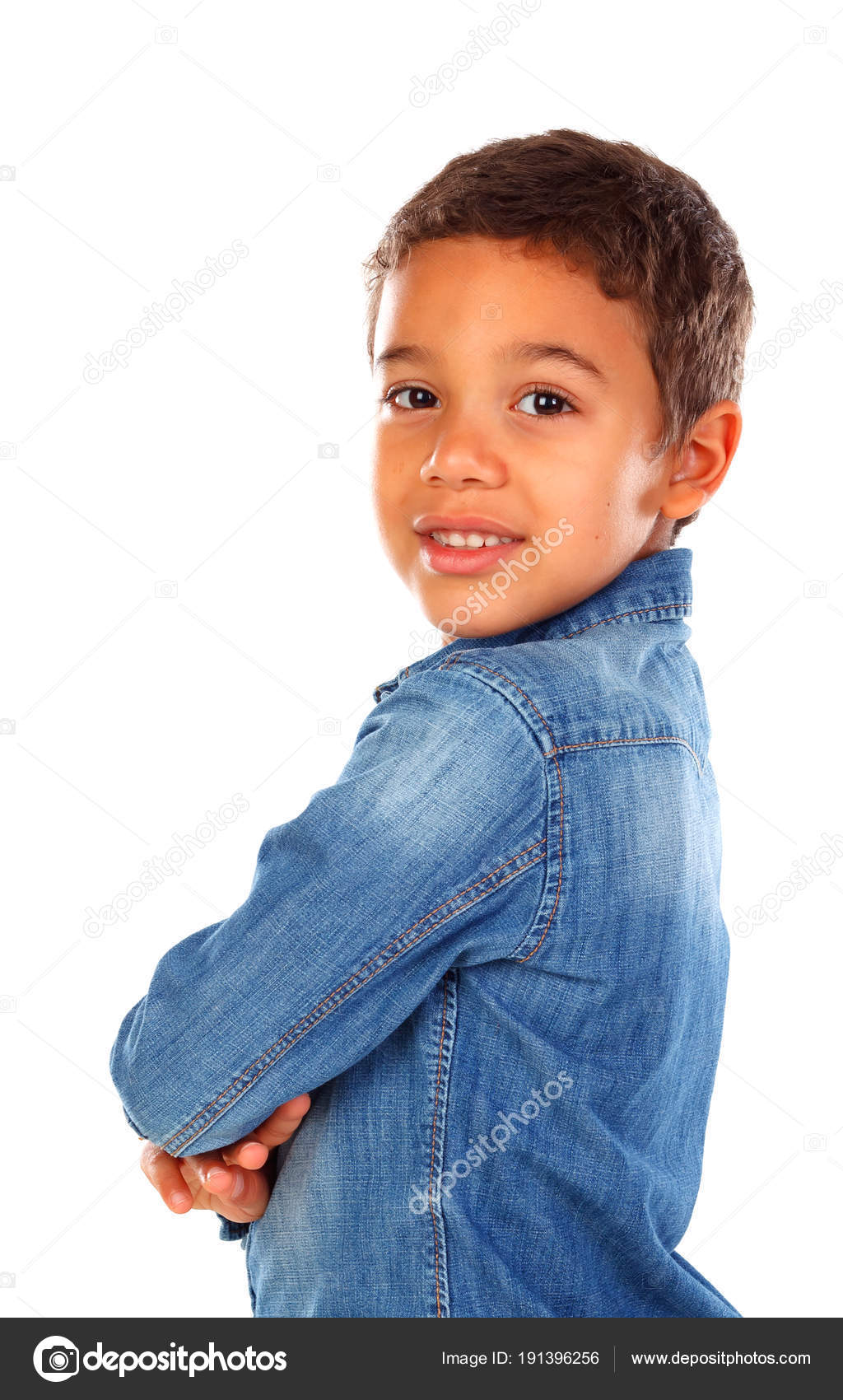 Funny Little African Boy Denim Shirt Isolated White Background Stock Photo by ©Gelpi 191396256