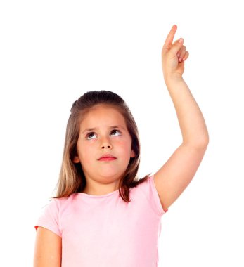 sevimli kız izole parmak beyaz arka plan ile işaret