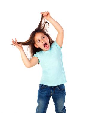 çılgın küçük kız saçları beyaz arka plan üzerinde izole gösterilen