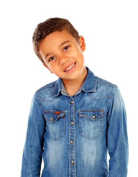 Bonito Feliz Menino Africano Camisa Jeans Isolado Fundo Branco — Fotografia de Stock